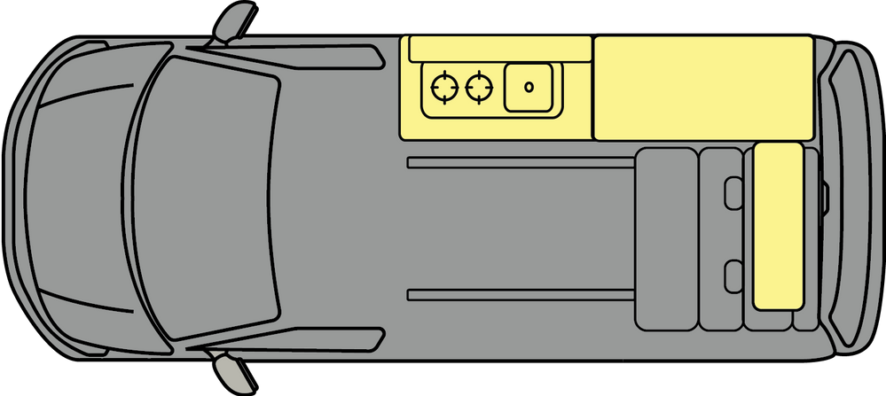 Top-down view of a gray truck with a yellow cargo area and equipment compartment on the bed