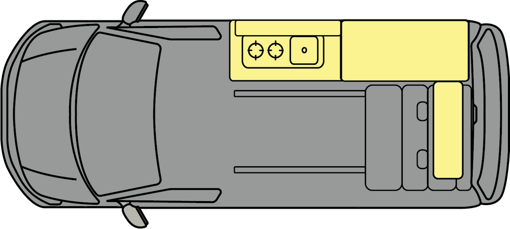 Top-down view of a gray truck with a yellow service compartment and equipment on the back.
