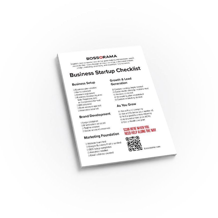 Flyer titled “Business Startup Checklist” on a white background, with a QR code and red accent text