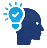Blue profile of a head with a lightbulb and checkmark, symbolizing ideas or intelligence
