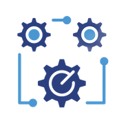 Blue gears and settings icons in a square frame, with a central gear and circular arrow.