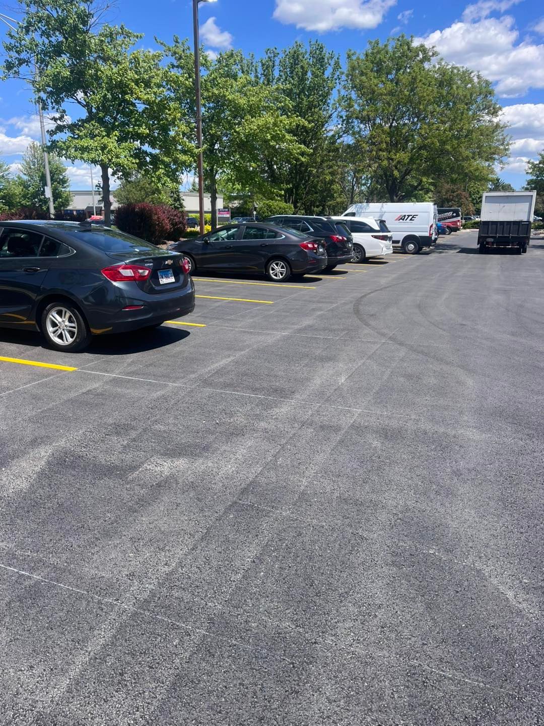 Parking lot with several parked cars, trees, and a white van on a sunny day