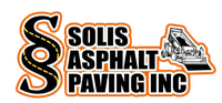 Solis Asphalt Paving Inc. logo with orange and black text and a paving machine illustration