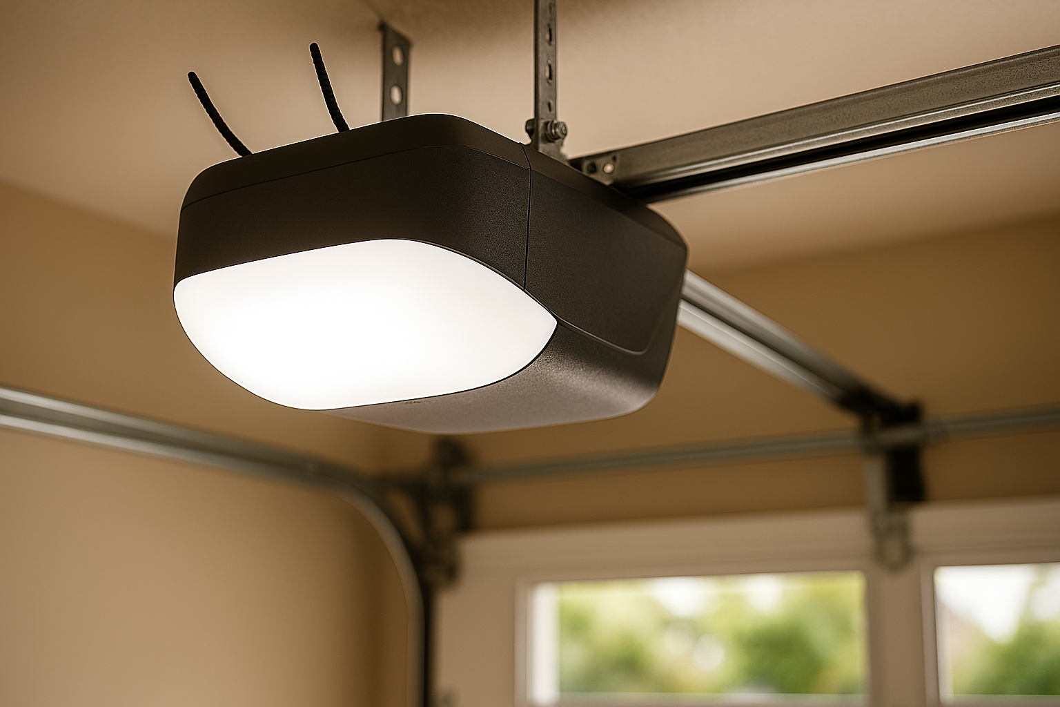 Garage door opener with a lit, white dome light.