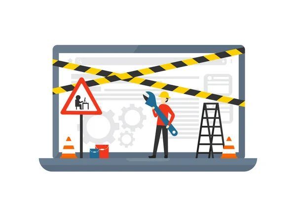 Laptop displaying a website under construction with a worker, tools, and caution tape.