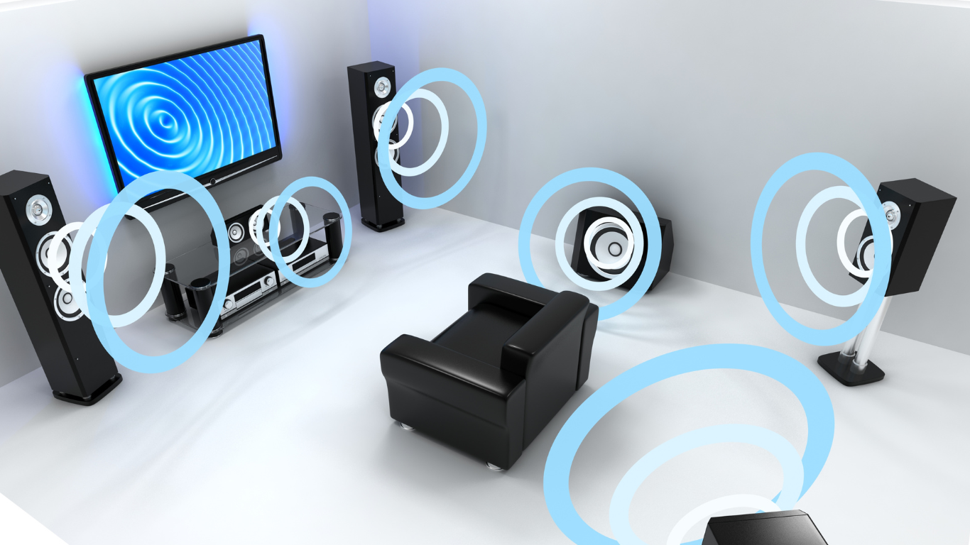 A room with a flat screen tv and speakers