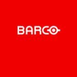 The logo for barco is on a red background.