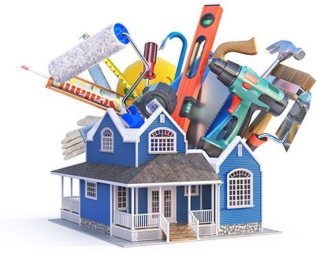 A blue house surrounded by construction tools on a white background.