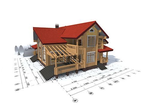 A 3D model of a house with a red roof on top of a blueprint.