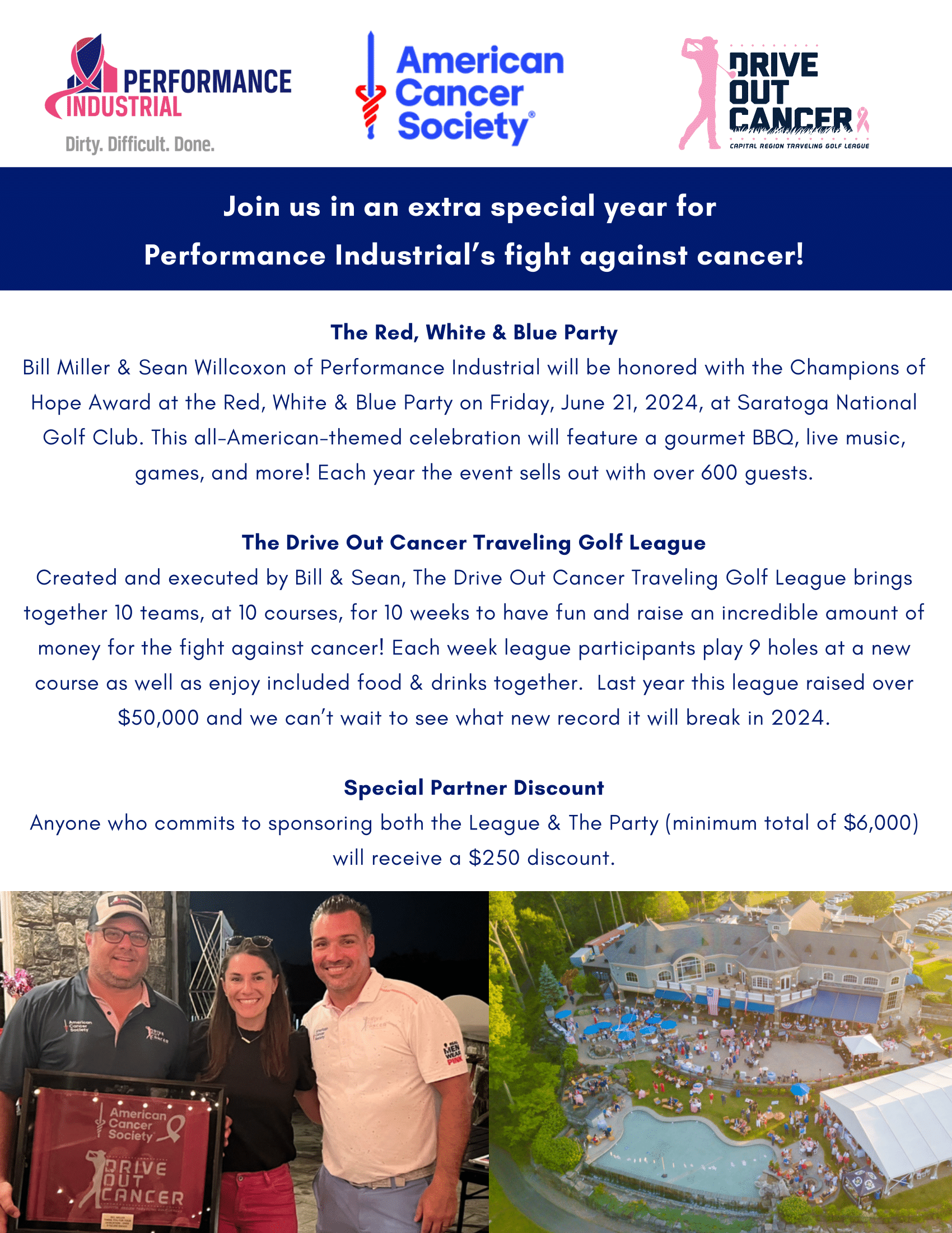 Flyer for a cancer fundraiser with text, logos, and photos of people and a golf course.