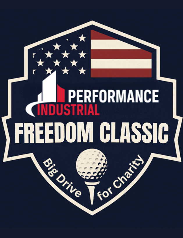 Logo for Industrial Performance Freedom Classic golf tournament with American flag and golf ball.
