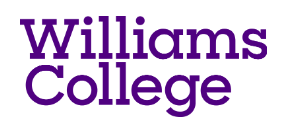 The logo for williams college is purple and white on a white background.