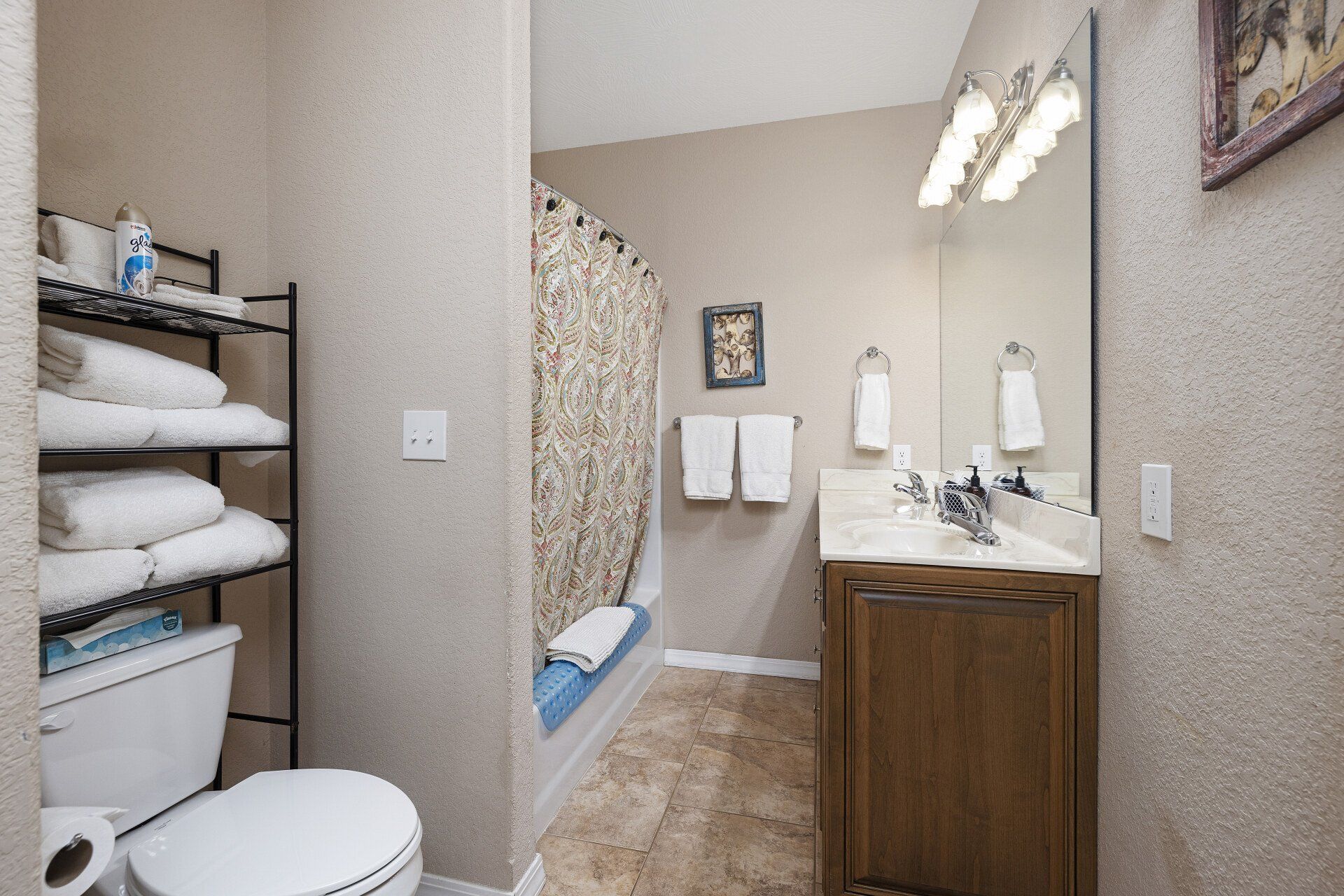 Small bathroom with sink, toilet, shower curtain, and towel shelves along the left wall