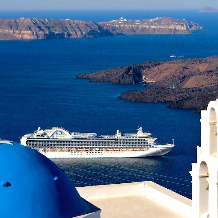 Three Bells of Fira with Princess Cruise at the backdrop