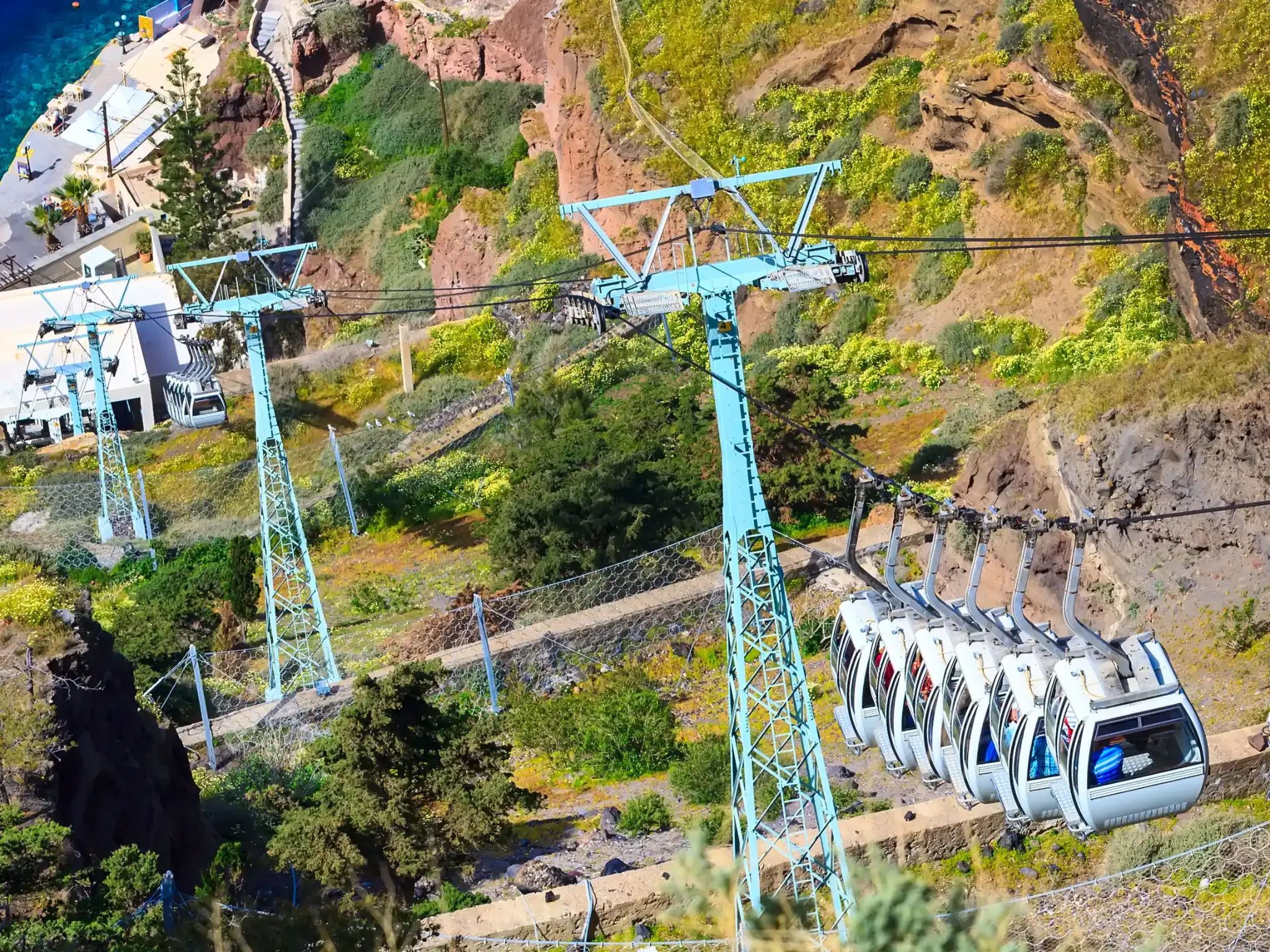 Santorini cable car connecting the Old Port with Fira above the caldera