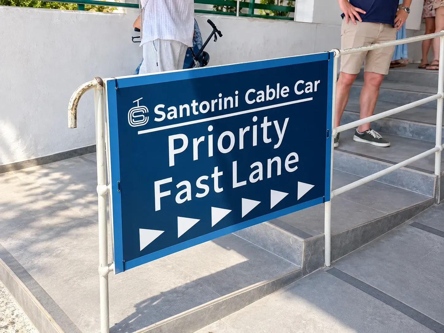Santorini Cable Car Priority Fast Lane sign at the entrance in Fira.