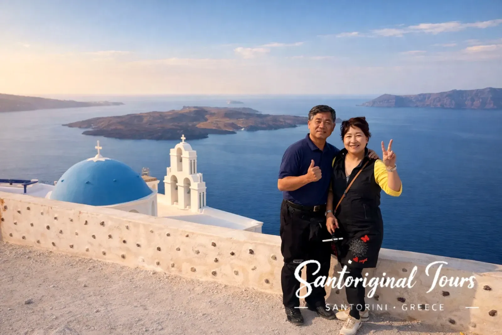 A couple smiling beside a blue-domed church with Santorini’s caldera and volcanic islands behind them during their private tour.