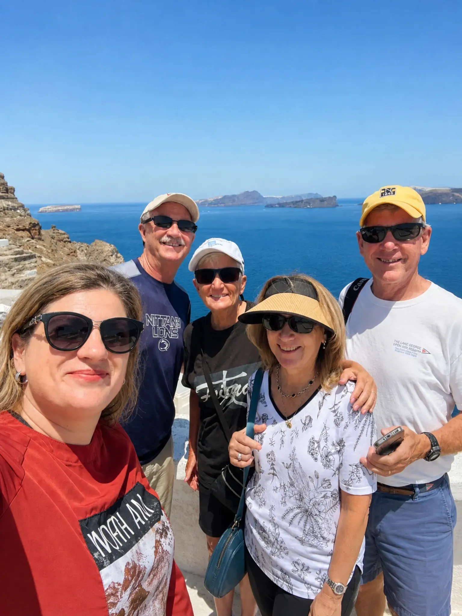 Private tour guests enjoying Santorini with local guide Aphrodite Micheli