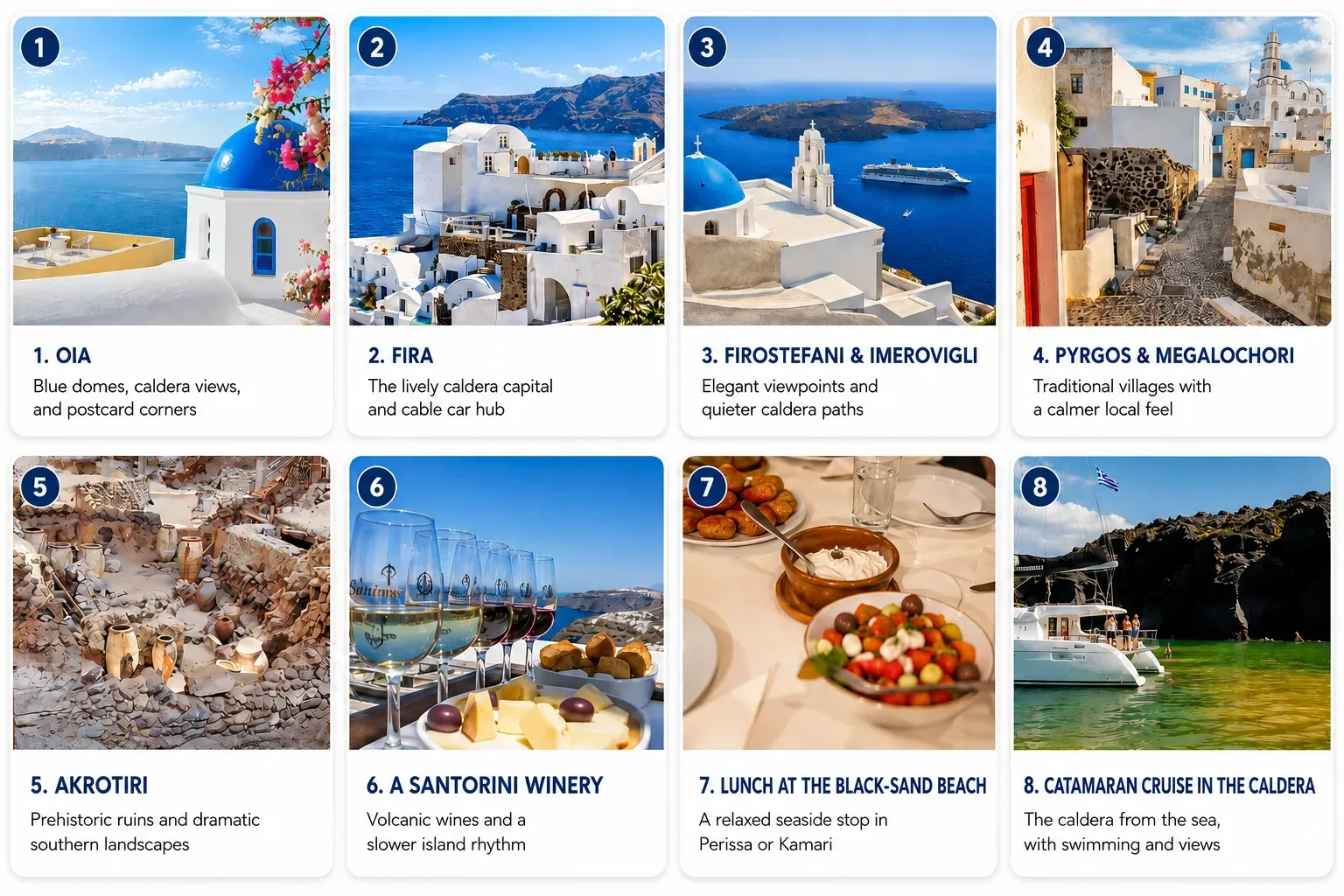 Top things to do in Santorini from a Celebrity Cruise, including Oia, Fira, Firostefani, Pyrgos, Akrotiri, wineries, black-sand beach, and catamaran cruise