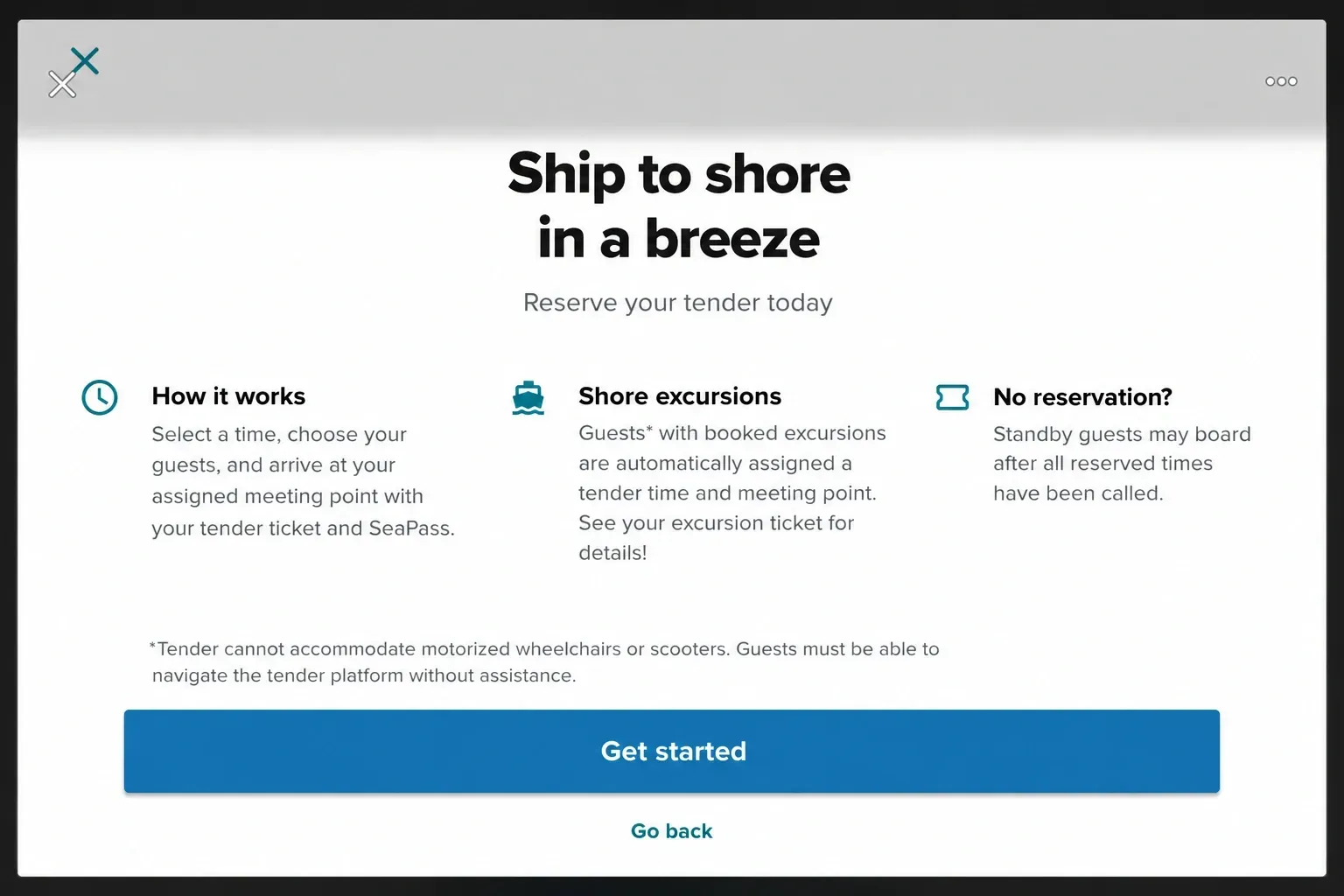 This is the Celebrity Cruises app tender booking interface. It may not be fully active for Santorini yet, but it looks like online tender reservations could become available soon.