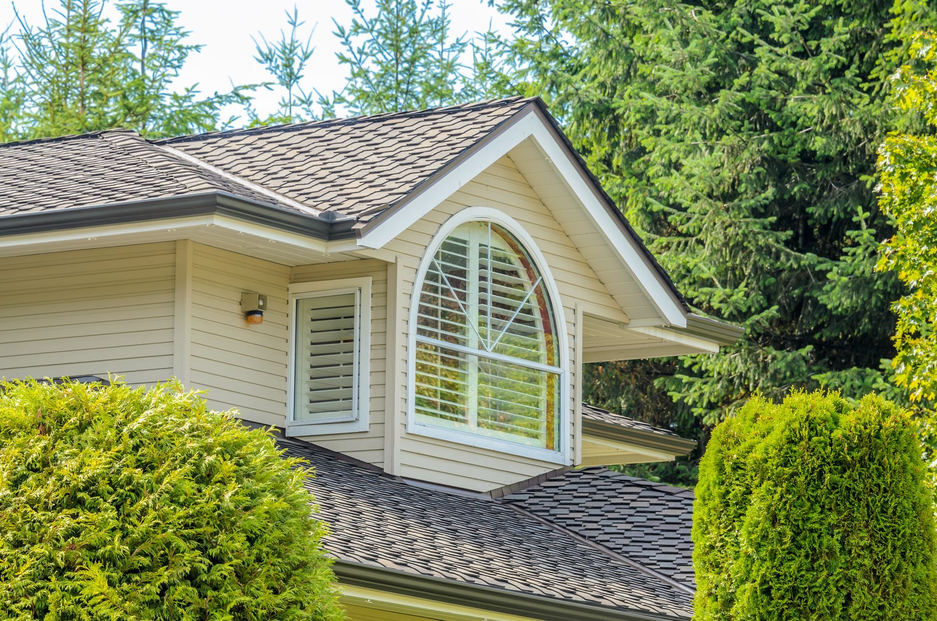 House roof with beige siding, white arched window, and green trees in the background