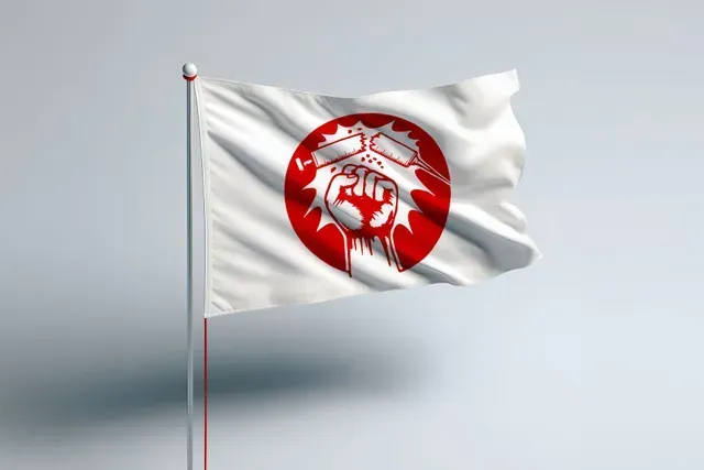 No More Stolen Sisters Flag  - Indigenous woman graphic with red painted hand print over her mouth 