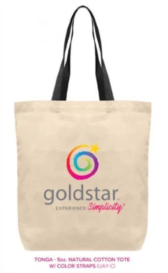 Beige tote bag with black straps,