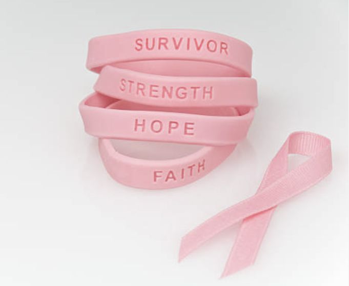 Pink awareness ribbons and bracelets with