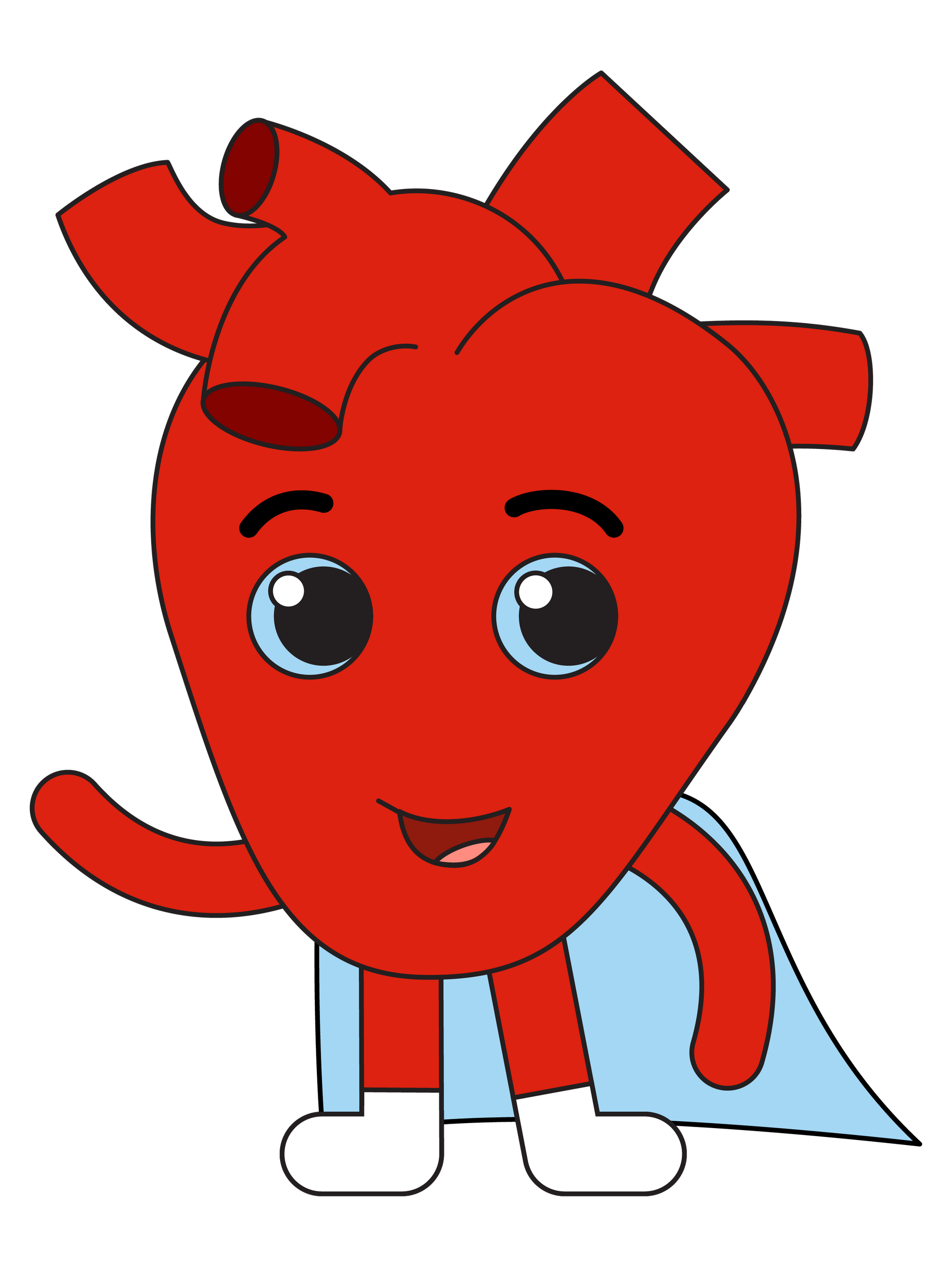Captain Beats a red heart shaped cartoon character with blue cape smiling and waving.