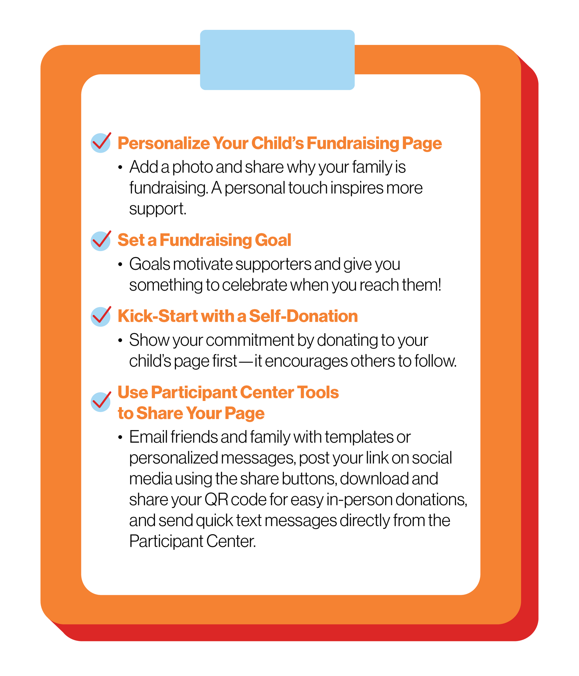 Cartoon image with checkmark steps “Personalize Your Child’s Fundraising Page, Set a Fundraising Goal, Kick-Start with a Self Donation, Use Participant Center Tools to Share Your Page”. 