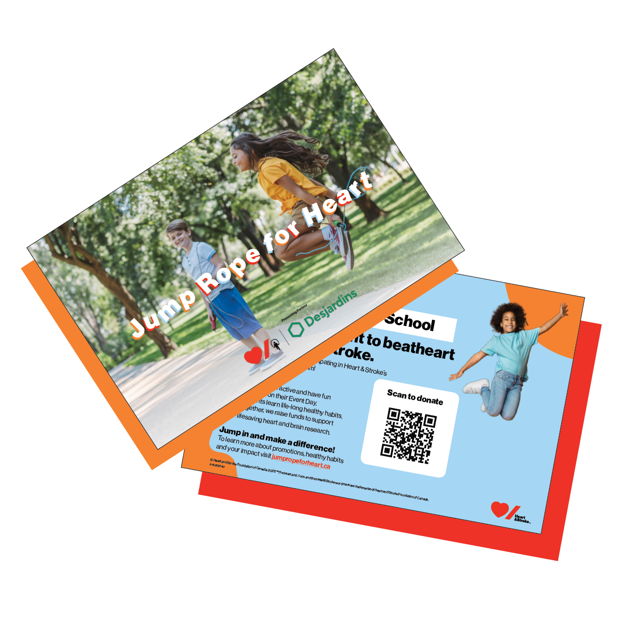Image of front and back of a postcard. Front contains students skipping back shows school name and QR code. 