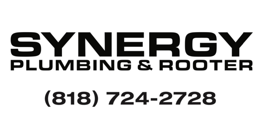 Synergy Plumbing & Rooter logo with phone number (818) 724-2728 on white background