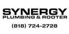 Synergy Plumbing & Rooter logo with phone number (818) 724-2728 on white background