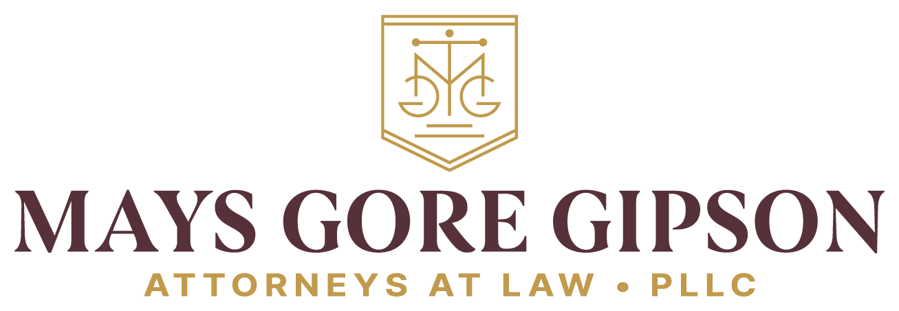 Logo for Mays Gore Gipson, Attorneys at Law, in dark brown and gold.