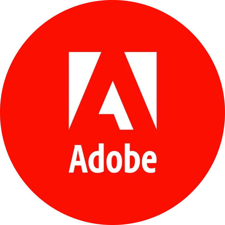 Un logotipo de Adobe en un círculo rojo sobre un fondo blanco.