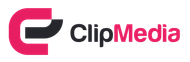 El logo de clipmedia es un logo rosa y negro con una flecha negra.