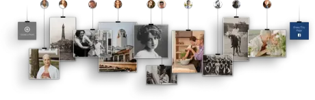 Collage of hanging photo prints and postcards on a wall, with a small blue note at the far right.