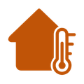 Orange house icon with a thermometer, indicating home temperature or heating.