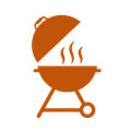 Orange barbecue grill with lid open and steam rising