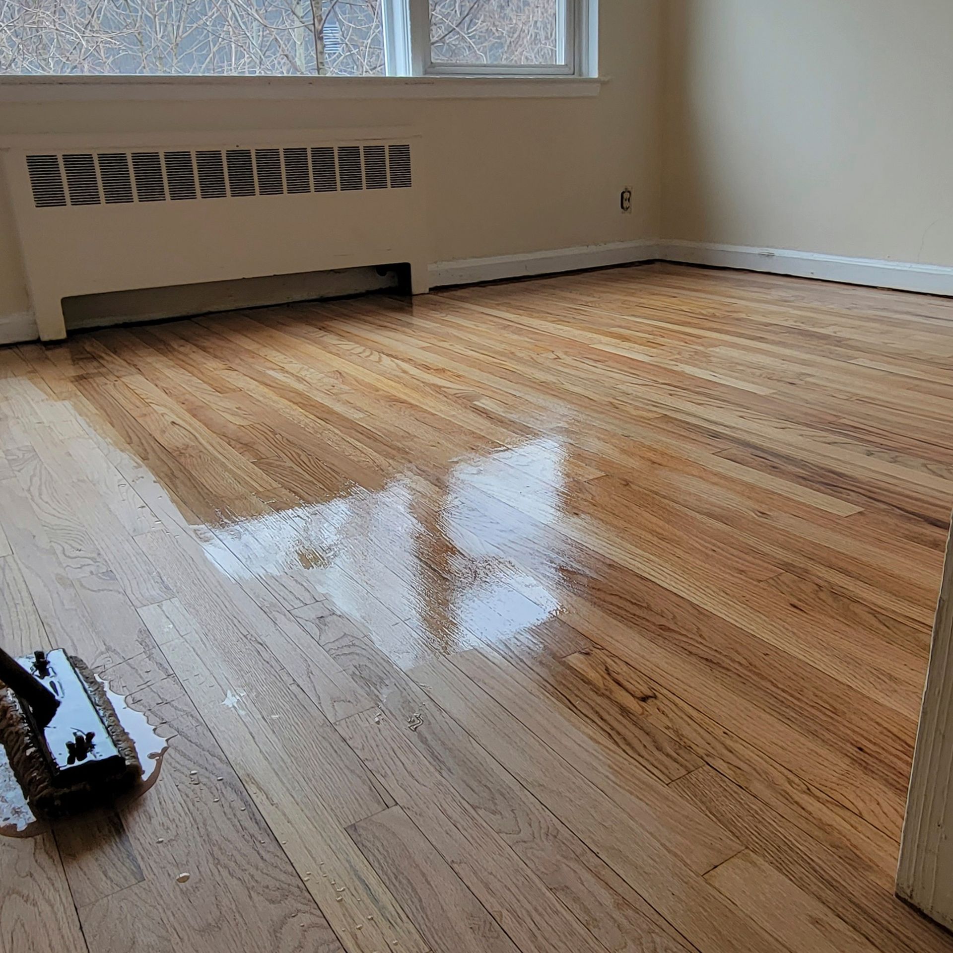 A floor applicator tool applies a glossy finish to a section of light-colored hardwood flooring in a room.