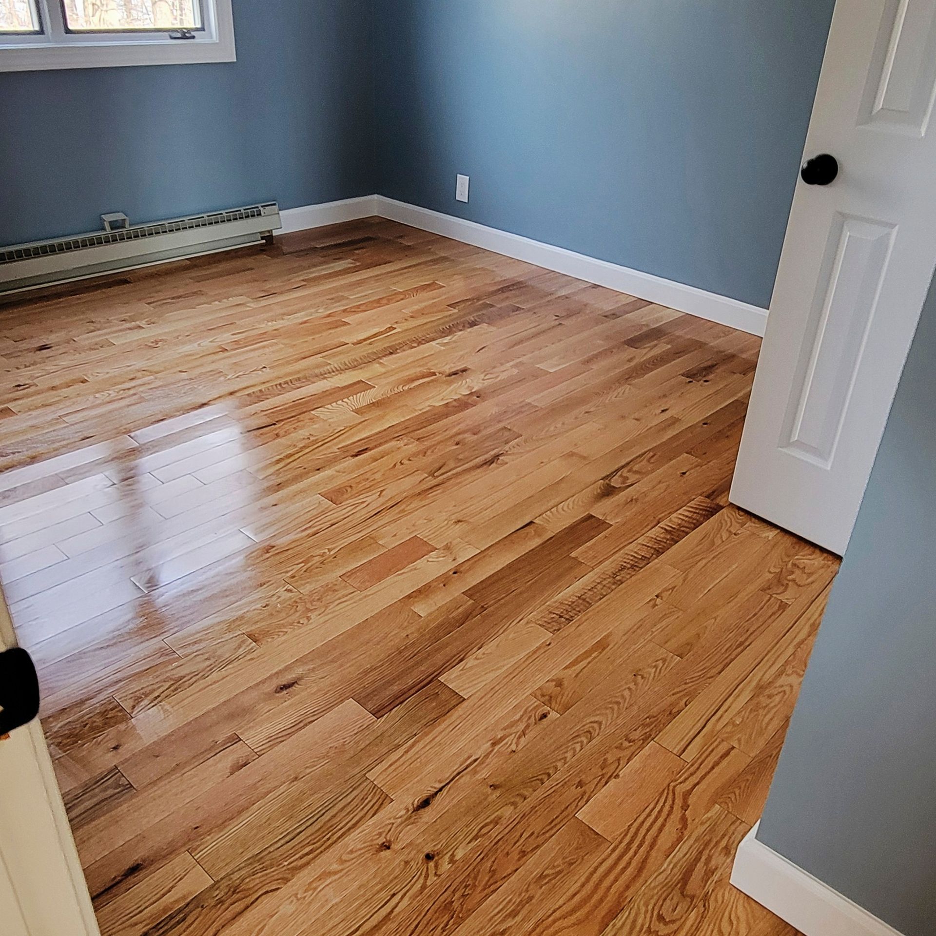 An empty room with light-colored hardwood floors, blue walls, a white door, and a heater under a window.