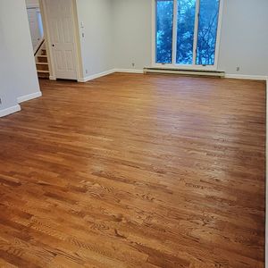 A spacious, sunlit room with polished medium-brown hardwood floors, light gray walls, and a large multi-pane window.