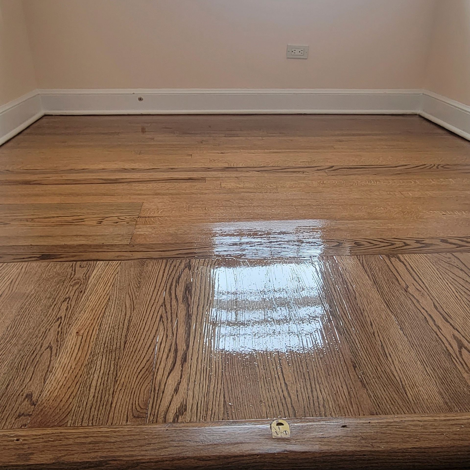 Close-up of newly refinished brown hardwood floors with a bright light reflection, white baseboards, and a wall outlet.