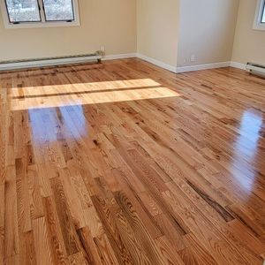 A room with polished, light-brown hardwood floors reflecting sunlight, beige walls, and white-framed windows.