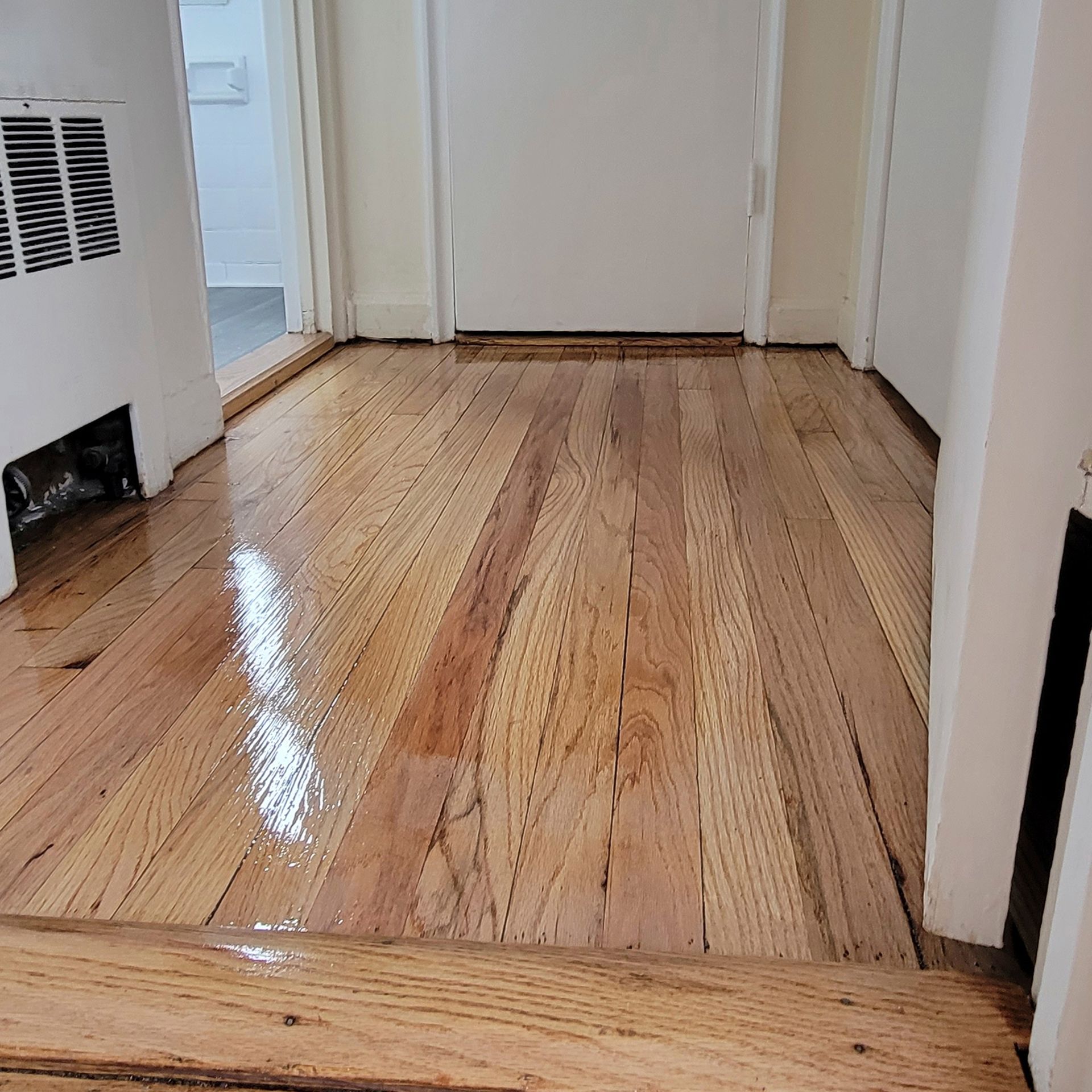 Polished light-toned hardwood floor in a room, showing grain patterns, with a white wall and a white door in the background.