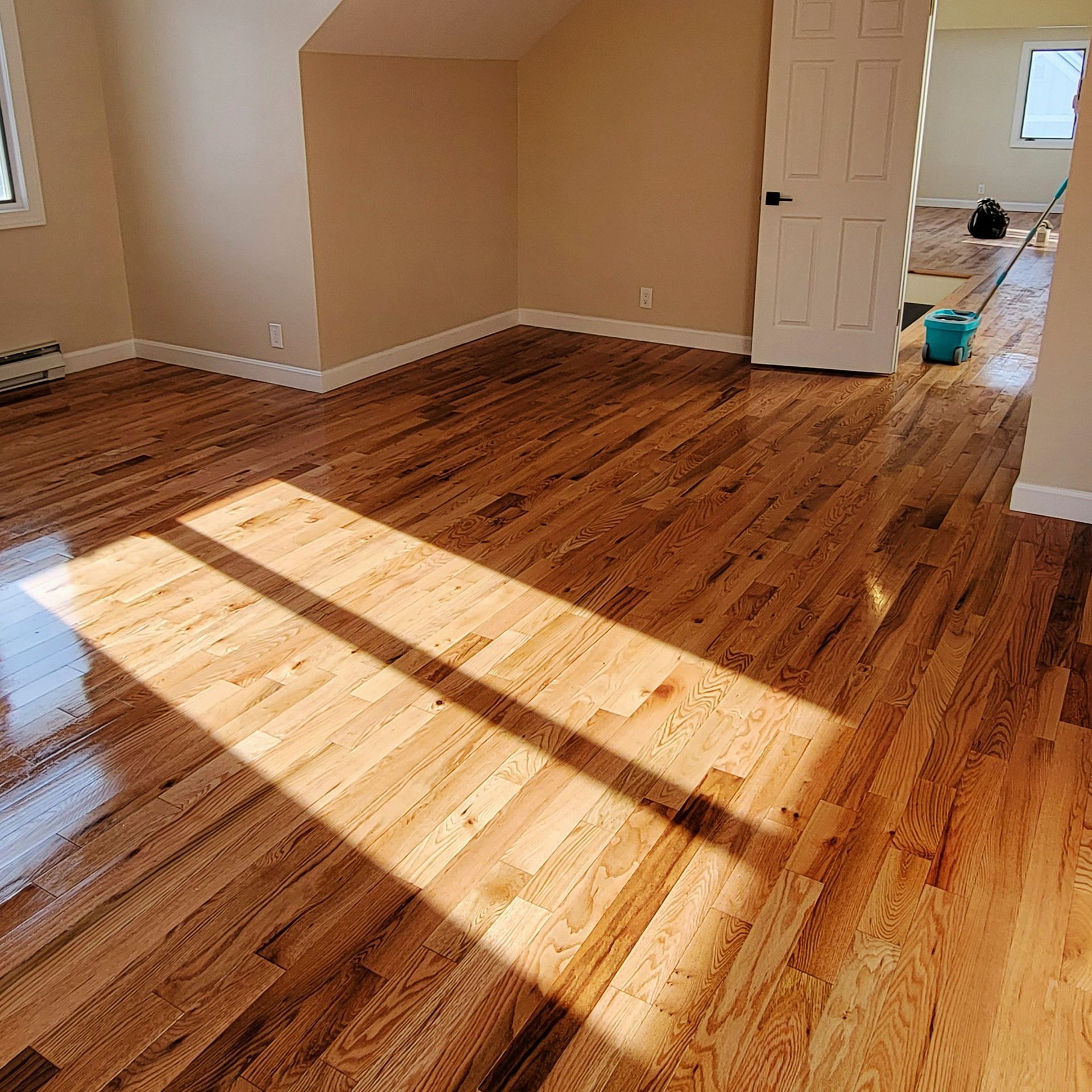 Sunlight casts a rectangular glow across polished, light-brown hardwood floors in a tan, empty room.