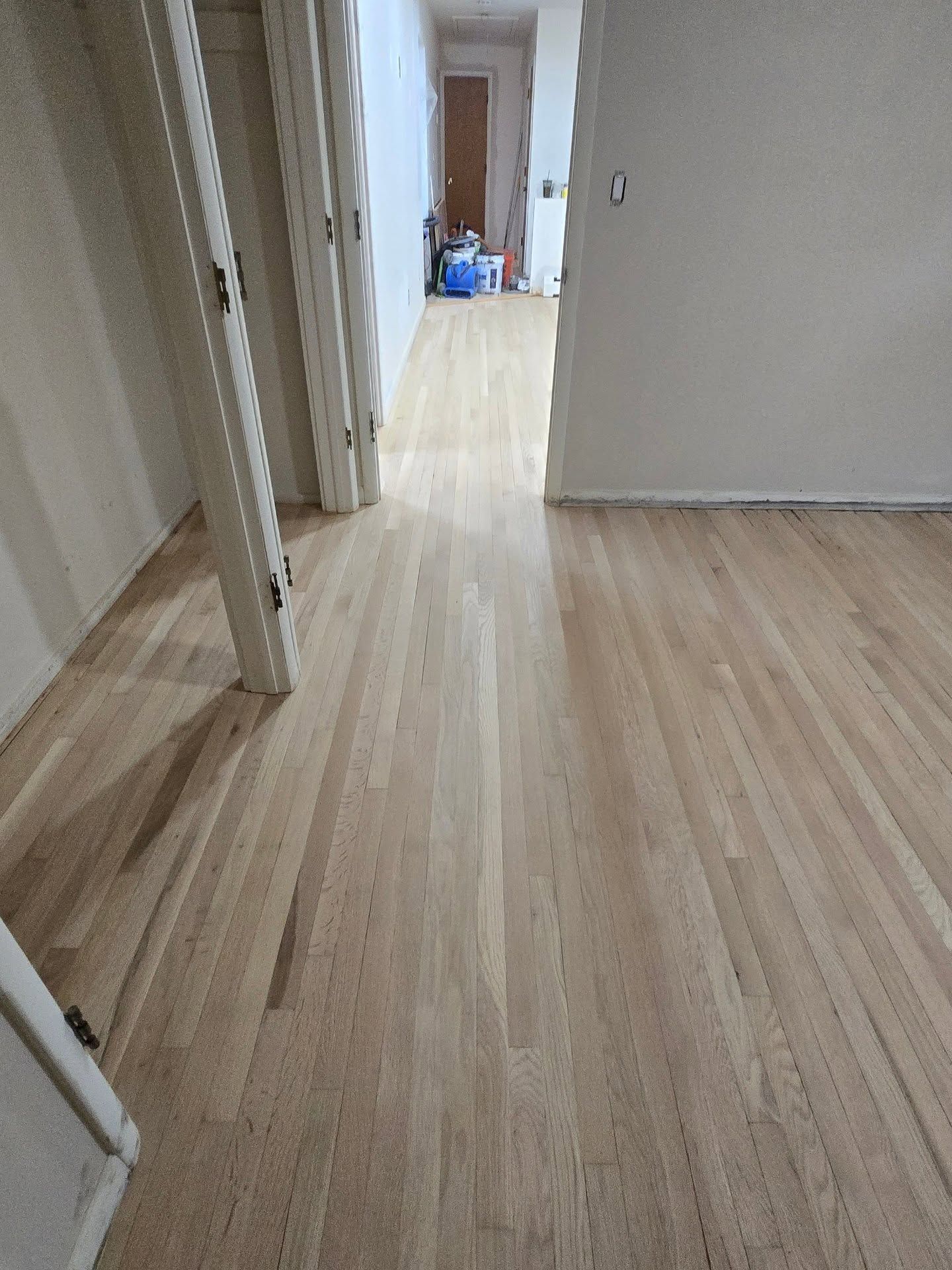 Light-colored hardwood flooring stretches across a room, leading toward a hallway with white walls and a doorway.