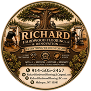 Logo for Richard Hardwood Flooring featuring brown block graphics and text on a light wood-grain background.
