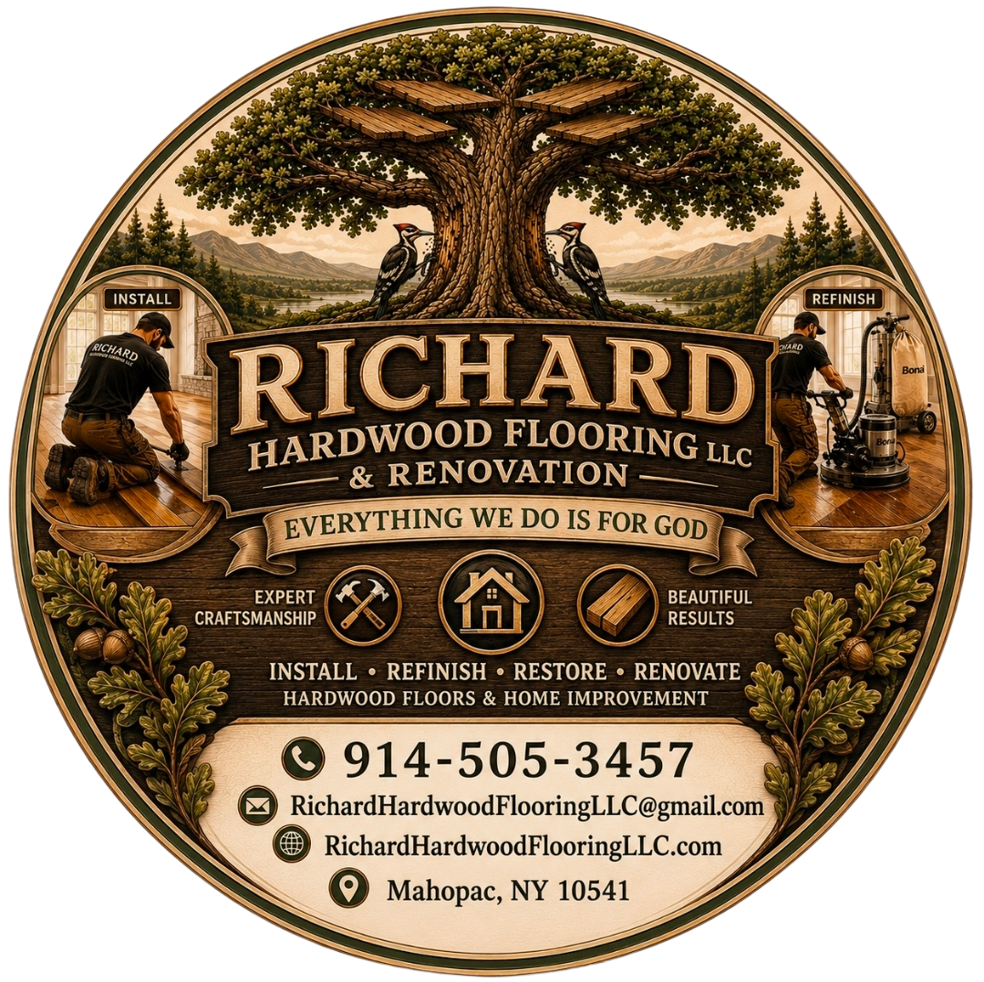 Logo for Richard Hardwood Flooring featuring brown block graphics and text on a light wood-grain background.