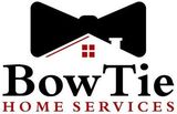 Logo for BowTie Home Services featuring a black bow tie above a white house outline with a red window and text below.